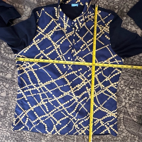 J. McLaughlin Women’s Size L Navy Blue Gold Silk Front Sweater Back Shirt Top - Picture 7 of 8